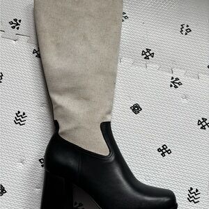 Reformation Black Leather & Cream Fabric Knee Boots